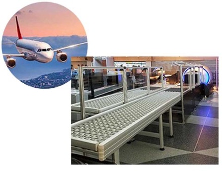 modern roller-conveyor before an x-ray checking machine, very secure conveyor in airport hand-baggage checkpoints